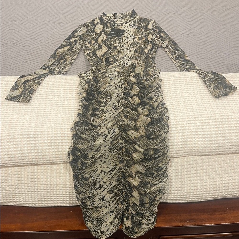 naked wardrobe Snake Print Ruched Mesh Long Sleeve Dress